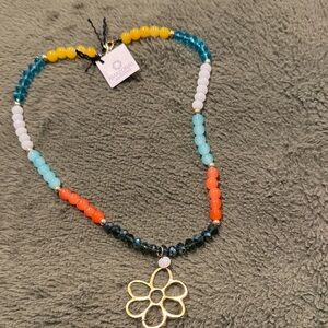 Colorful Beaded Necklace with Gold Flower Pendant